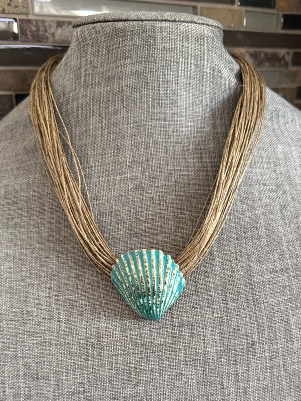 Boho Teal Scallop Shell Pendant Multi-Strand Natural Fiber Cord Necklace 18-19”